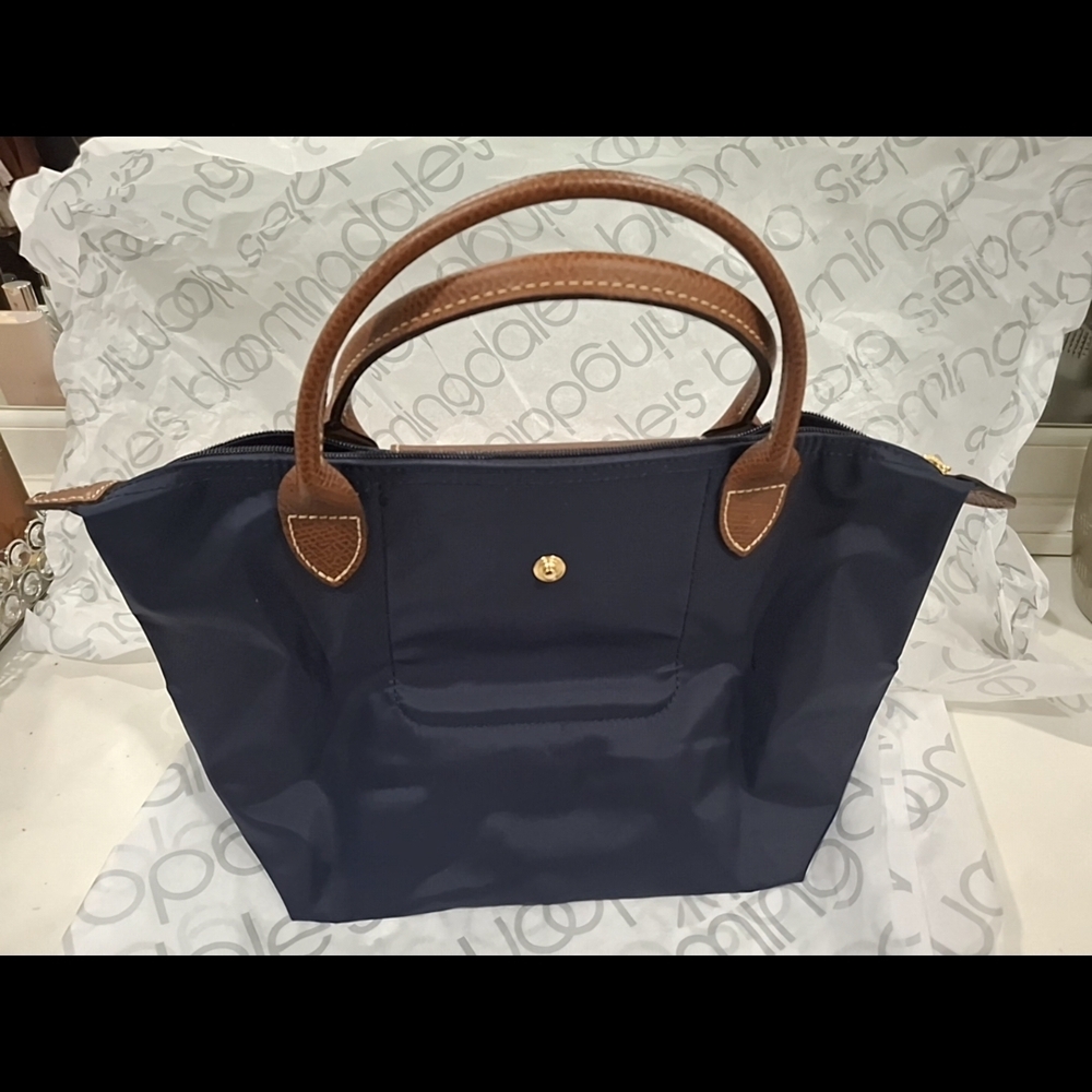 Longchamp Navy Tote with Brown Leather Trim